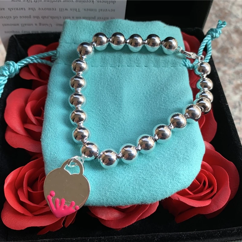 SHINETUNG Серебро S925 пробы розовый всплеск эмаль в форме сердца из бисера(8 мм) браслет для женщин логотип высокого класса ювелирные изделия