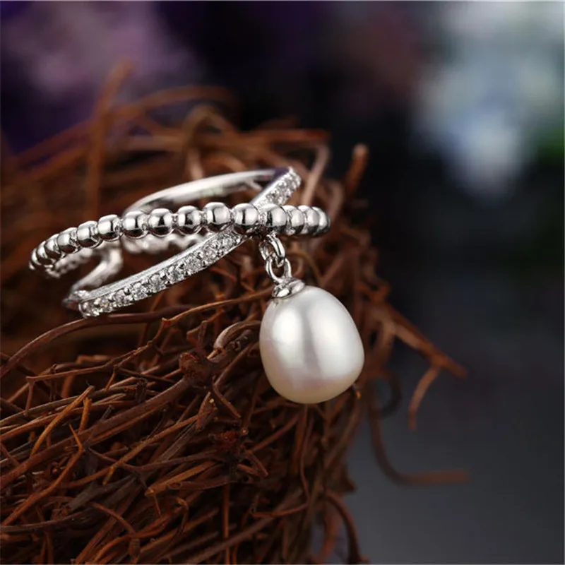 Dainashi Genuine Freshwater Cultured Pearl Ring 925 Sterling Silver Zircon Crystal Adjustable Ring Party Gift for Women - Цвет камня: Белый