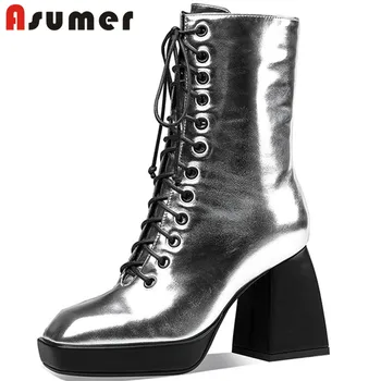 

Asumer 2020 newest high heel platform shoes women ankle boots top quality square toe cross tied autumn winter boots woman