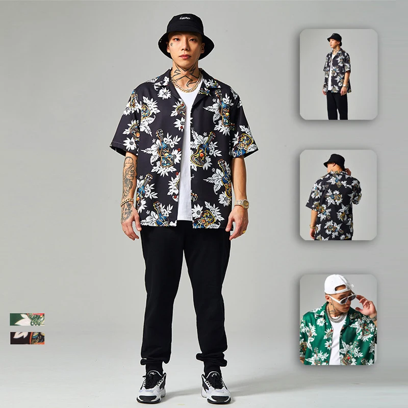 

Japanese Men's Clothing 2020 Spring And Summer New Trendy Street Personality Guitar And Flower Digital Printing La Shirt Men