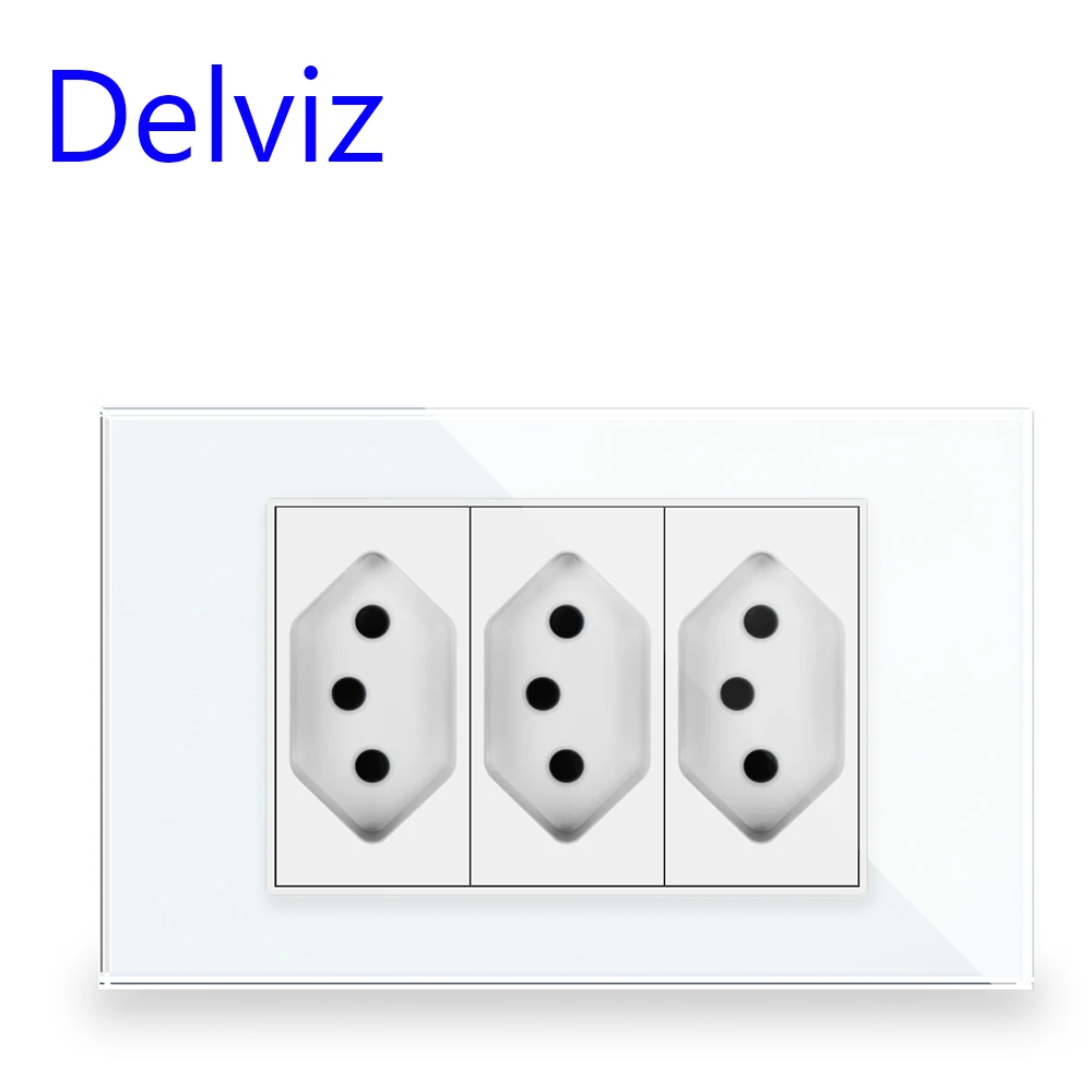 Delviz Brazil Standard Socket, 120mm*72mm Crystal Glass Panel,White/Black,AC 110V~250V, 3gangs 3 Pins hole 10A Power Wall Outlet