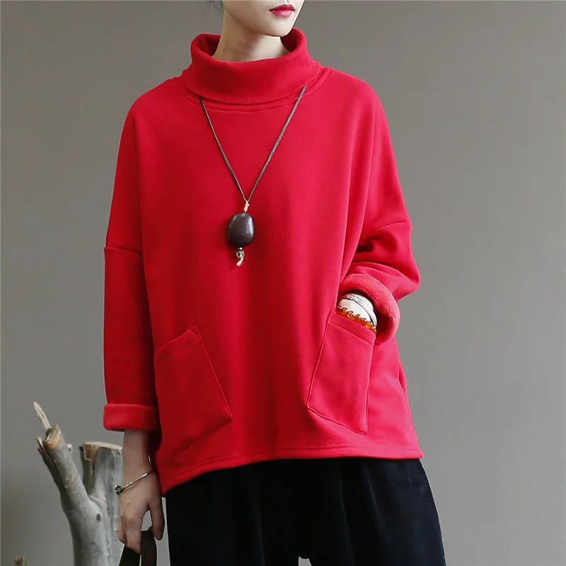 QPFJQD Ladies Turtleneck Pullover Sweatshirt Spring Autumn Long Sleeve Cotton Women Clothes Warm Winter Casual Pocket Sweatshirt