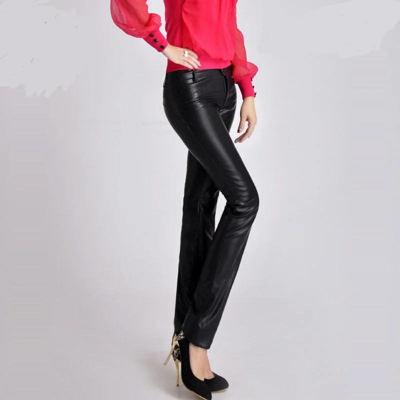 Fashion Brand red color slim Pu leather pants winter autumn Spring female High Quality was thin pencil Pants F7779 dropship - Цвет: Black