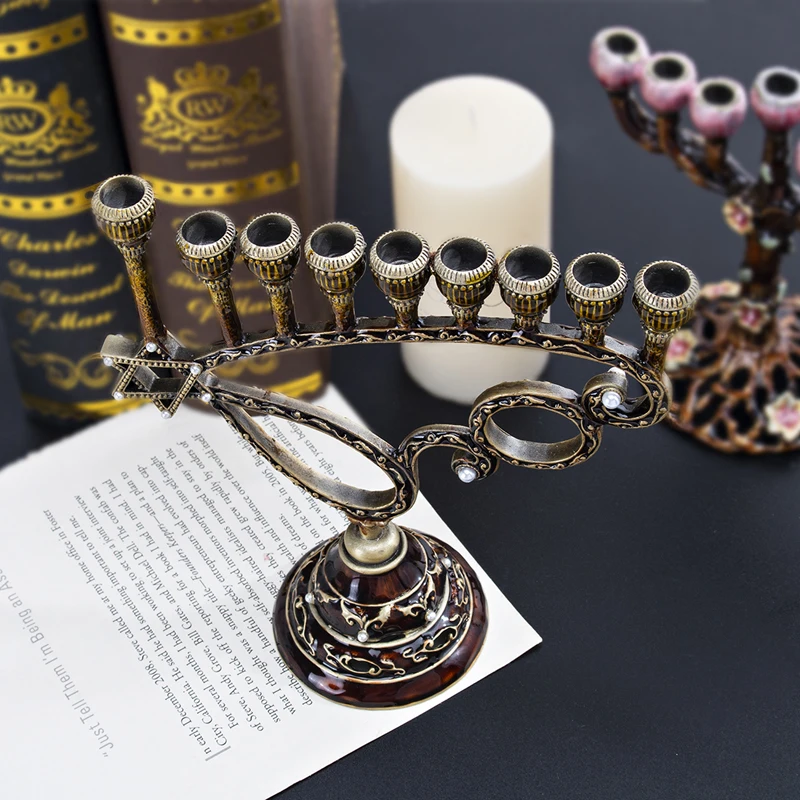 H& D 9 ветка Chanukiah Cupped Menorah Magen Давид Геометрический стиль Judaica Hanukkah Menorah Статуэтка домашний декор Jerusalem подарок