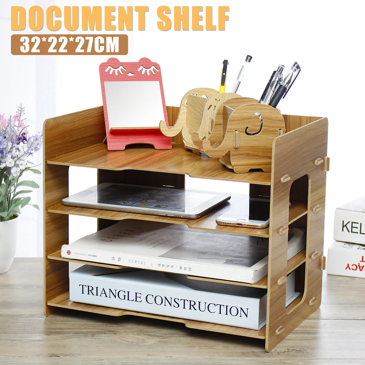 

DIY Wood Hand Made Desk Organizer Office School Supplies Organizer 4 Layers File Tray With Pen Holder and Mirror Stand