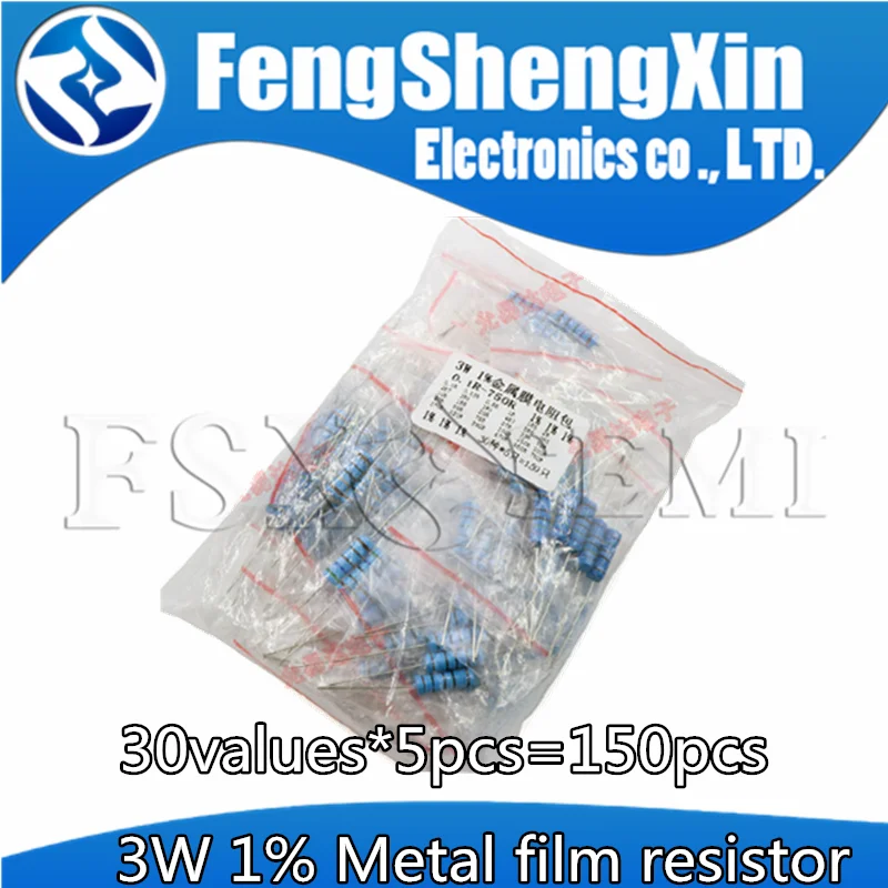 30values*5pcs=150pcs 3W 1% Metal film resistor Kit 0.1R-750R ohm 1K~820K ohm