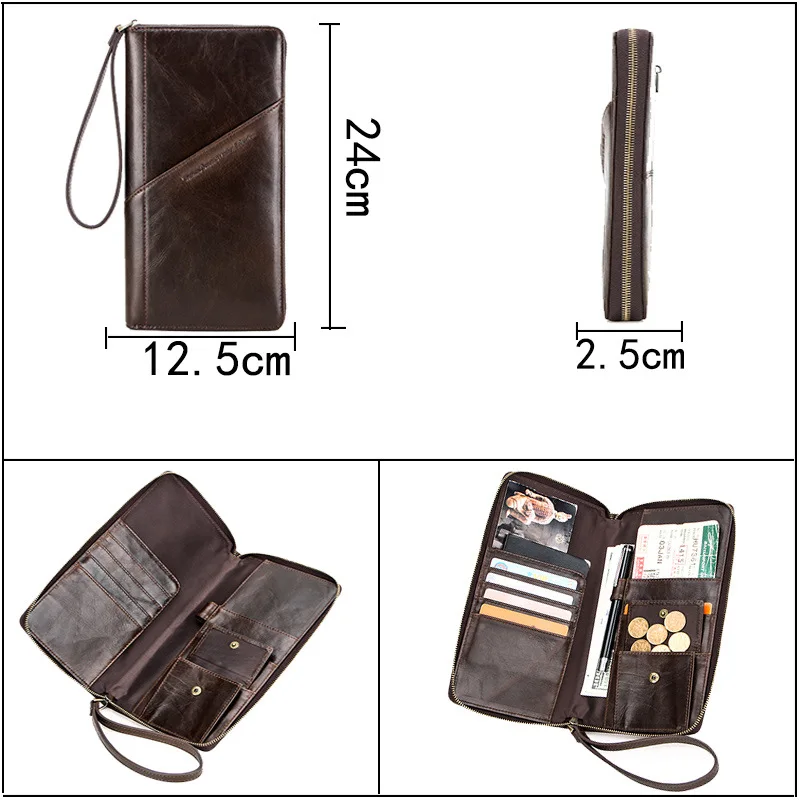 Men's Slim Long Wallet Genuine Leather Phone Bag Purse Card Holder Money Bag Men Small Coin Case Travel Zipper Pouch Wrist Band