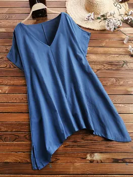 

Women V-neck T Shirt Plus size 2020 Summer Cross-border Exclusive for Casual Solid Color Irregular Hem Loose Large oversize