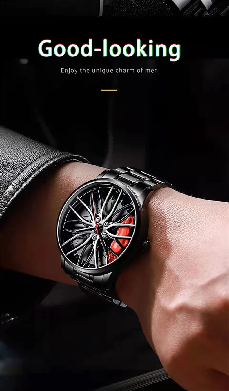 Men Quartz Watch for Waterproof Stainless Steel Strap with Japanese Quartz Movement Car Wheel Rim Hub Design Casual Wristwatch