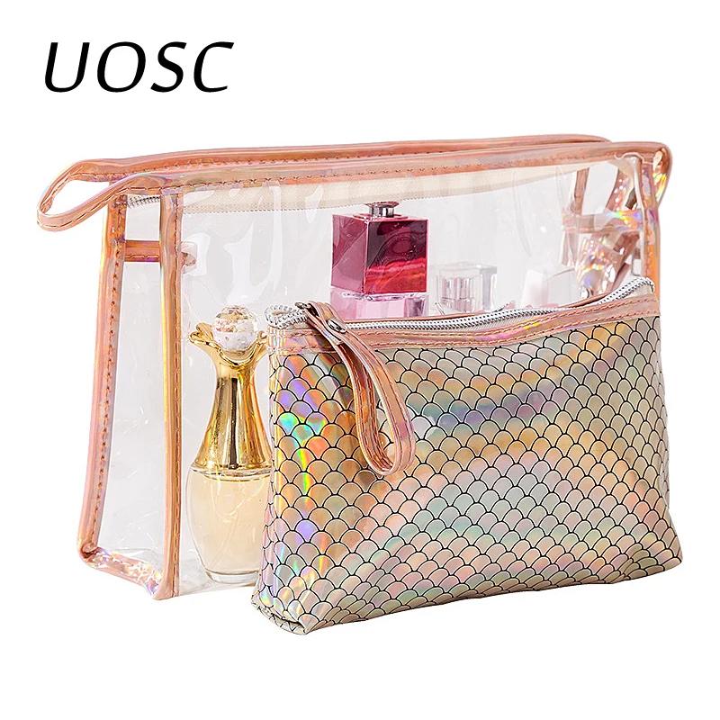 Повседневная Женская дорожная косметичка UOSC с лазерным рисунком 2 набора кожаный