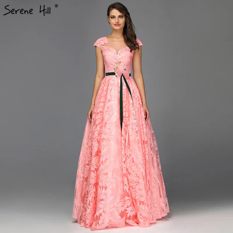 Peach V-Neck Lace Flower Belt Prom Dresses 2019 Latest Design Sleeveless Sexy Gowns Serene Hill DLA60771 | Свадьбы и торжества