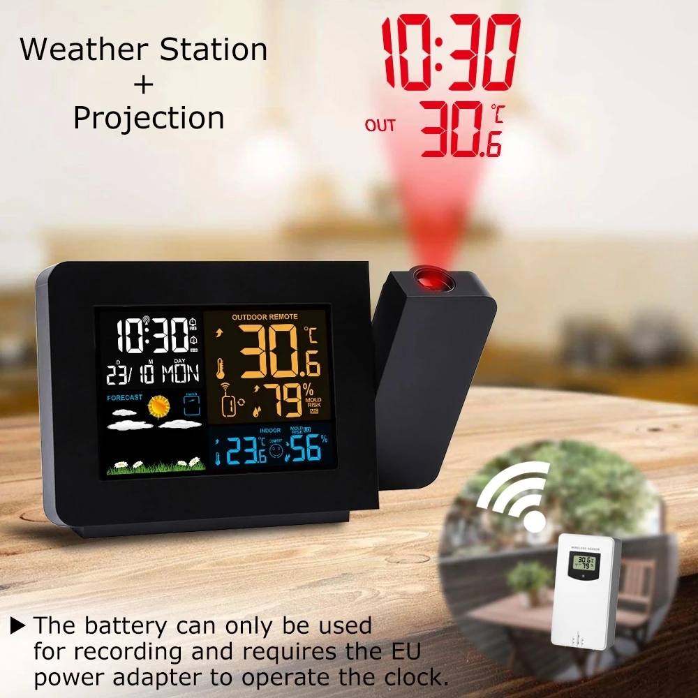 

Digital Alarm Clock Weather Station LED Temperature Humidity Weather Forecast Snooze Table Calendar With Time Projection