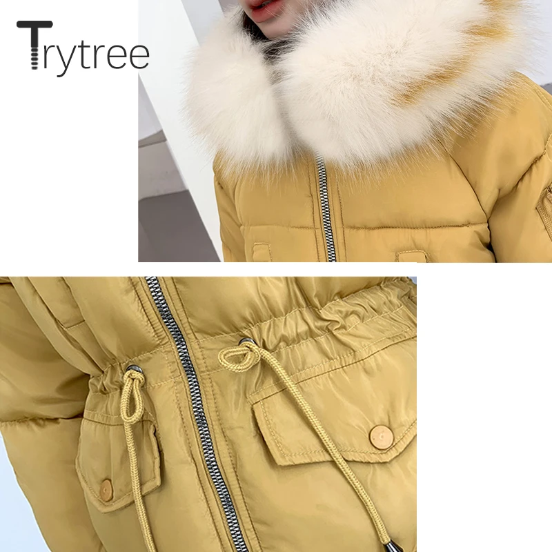 Trytree зимнее женское повседневное пальто с меховым капюшоном на молнии с кулиской на талии и карманом, 4 цвета, пуховик, Свободное длинное толстое пальто для работы