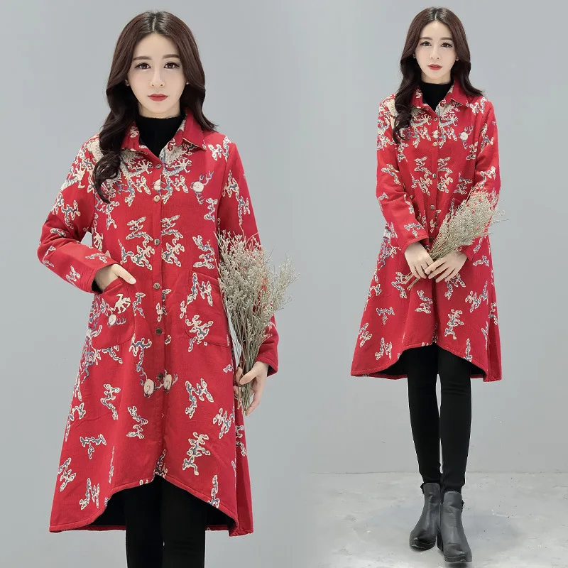 

2018 Autumn Clothing New Style Ethnic-Style Cotton Linen Brushed And Thick Large Size Loose-Fit WOMEN'S Cotton-padded Clothes Co