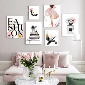 

Fashion Book Canvas Poster Paris Perfume Art Print Makeup Lipstick Paintings Girl High Heels Posters Wall Pictures Home Decor