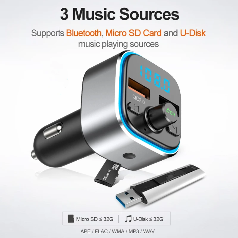 Bluetooth 5,0 FM передатчик автомобильный модулятор беспроводной комплект громкой связи Авто Аудио MP3 плеер QC3.0 Быстрая зарядка двойной USB зарядное устройство