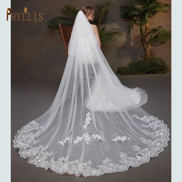 JaneVini Real Photos Long Appliques Edge Wedding Veil Luxury Ivory  Cathedral 2 Layer Tulle 4M Bridal Veils Wedding Accessories - AliExpress