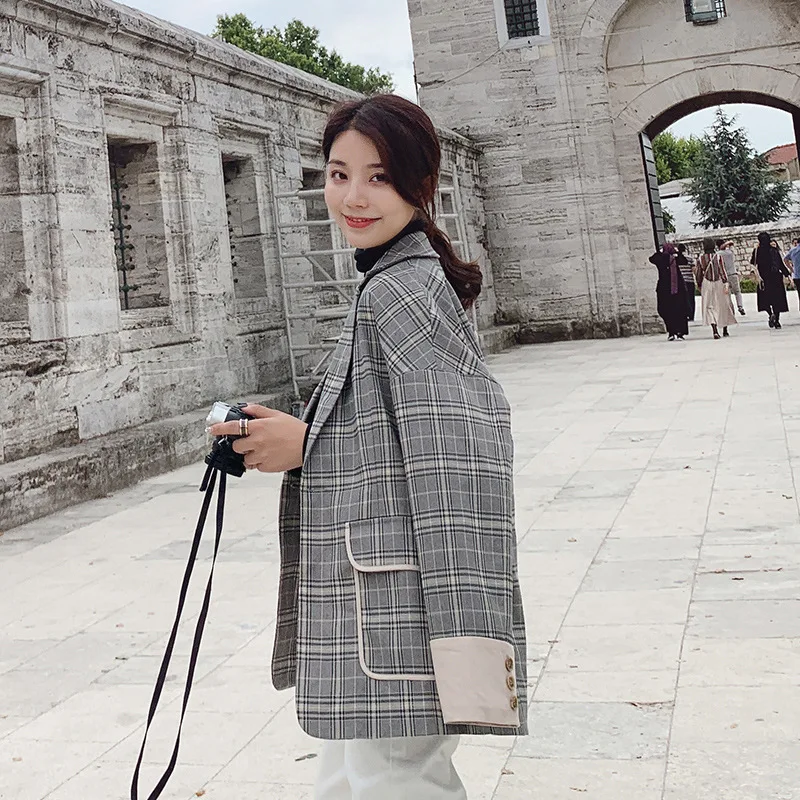 

Spring And Autumn New Style Versatile Plaid Suit Women's Korean-style Casual Loose-Fit Pattern Long Sleeve Small Suit Coat 2019
