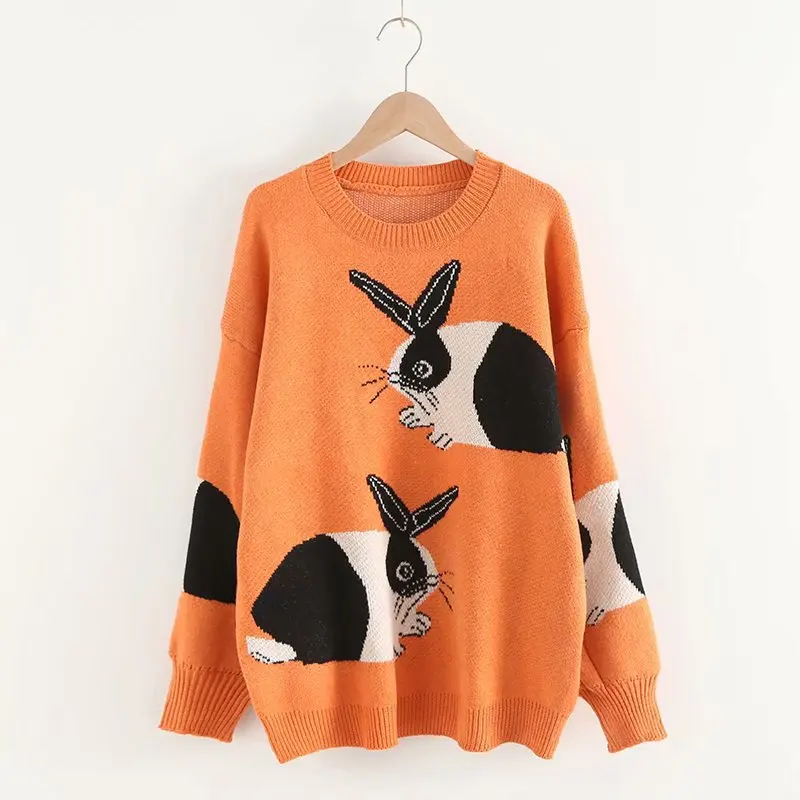 

Korean 2020 New Autumn Winter Women Sweaters Cartoon Rabbit Embroidery Harajuku Kawaii Knitted Pullover Student Sweater