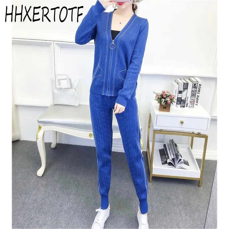 

Women Zipper Jacket + Pants Knitted Tracksuits Casual 2pcs Sets Knitting Sweaters Tops+ Trousers Clothing Set