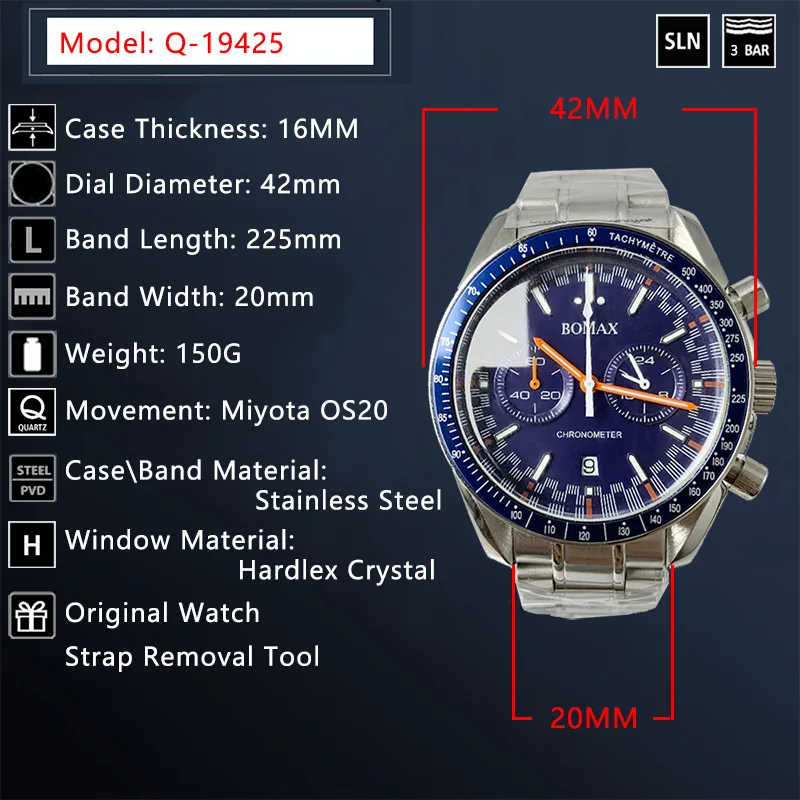 Кварцевые наручные часы с хронографом для мужчин speed master Japan Miyota OS20, военные часы 42 мм, стальной чехол, Классические роскошные Брендовые Часы