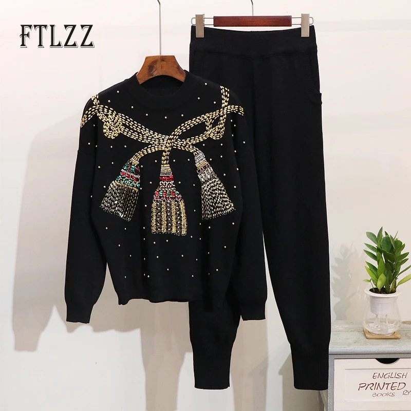 

New Woman Two Piece Set Clothing Fashion Autumn Pullover Sweater + Slim Pants Knit Suits Vintage Nail Bead Embroidery Tracksuits