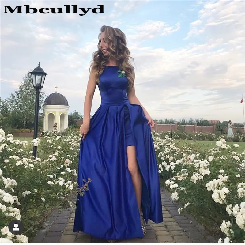 Mbcullyd Винтаж Sccop шеи Выпускные платья Длинные Королевский синий платье из атласа вечерние платья с разрезом Vestidos de gala