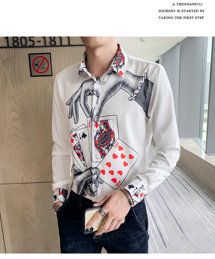 Designer Poker Printing Camisa Masculina Men Shirt Long Sleeve Casual Shirts Streetwear Socia Top Slim Fit Dress Shirt Blouse
