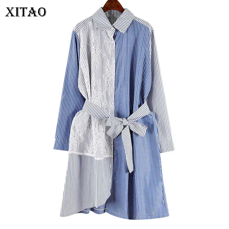 XITAO Patchwork Lace Striped Hit Color Dress Fashion Match All Slim Women Clothes 2019 Sashes Bow Midi Autumn New WQR1568 | Женская