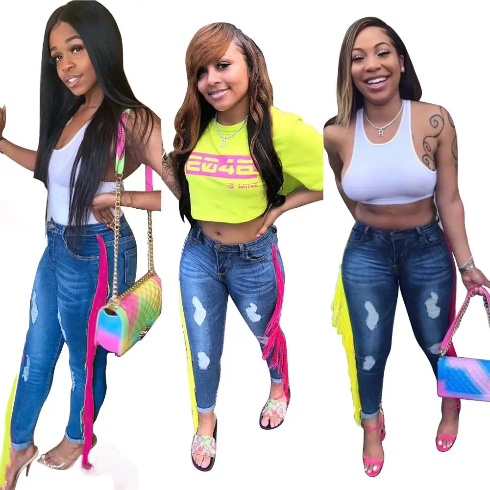 

Newest Colorful Tassels Blue Jeans for Women Girls Autumn Holes Ripped Pencil Jeans Elastic Denim High Waist Pants