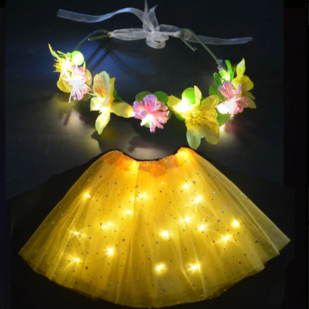 Неоновые вечерние светящиеся юбки-пачки с орнаментом в виде звезд для девочек и женщин, набор венков с цветочной короной, подарок на день рождения, Рождественская светодиодная одежда