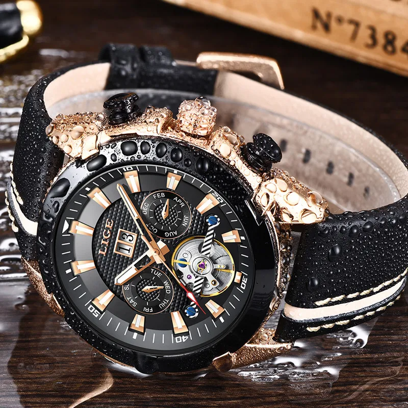 LIGE кожаный ремешок Tourbillon светящийся Циферблат Водонепроницаемые мужские часы лучший бренд класса люкс механические Автоматические часы Reloj Hombre