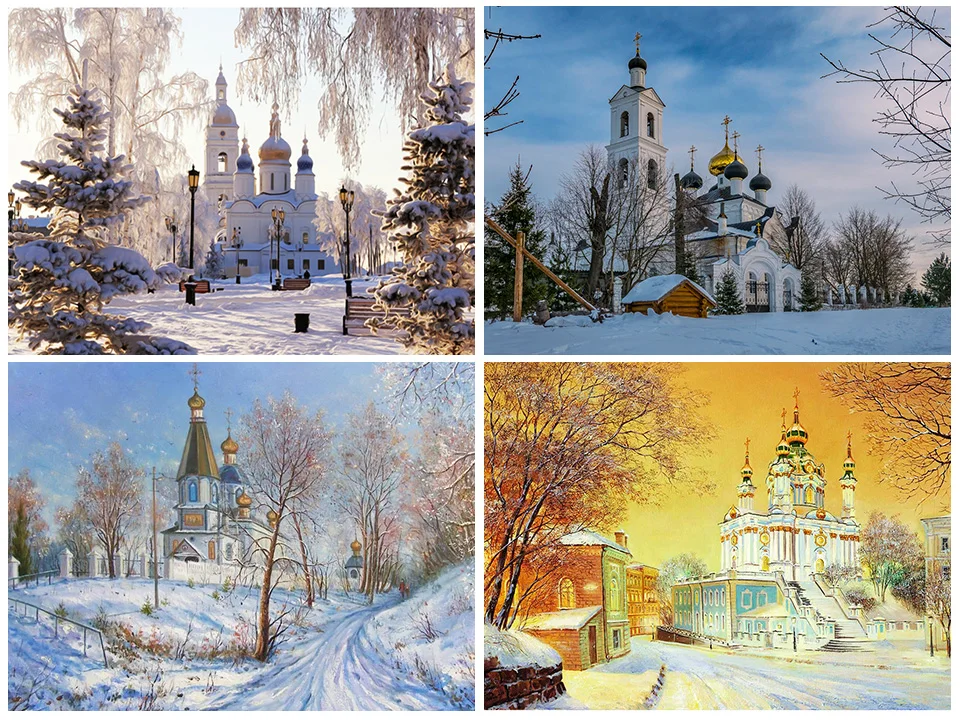 5D алмазная живопись сделай сам церковный зимний пейзаж полная Алмазная вышивка
