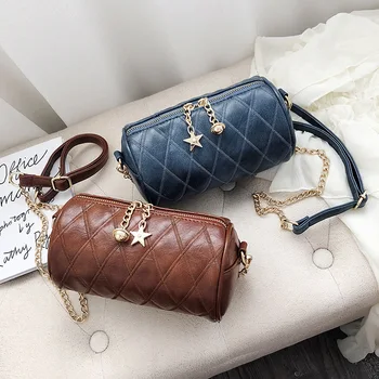 

Fashion Cylinder Pillow Bag Female Small Rhombic Chain Shoulder Messenger Bag PU Leather High Quality Crossbody Bags For Women