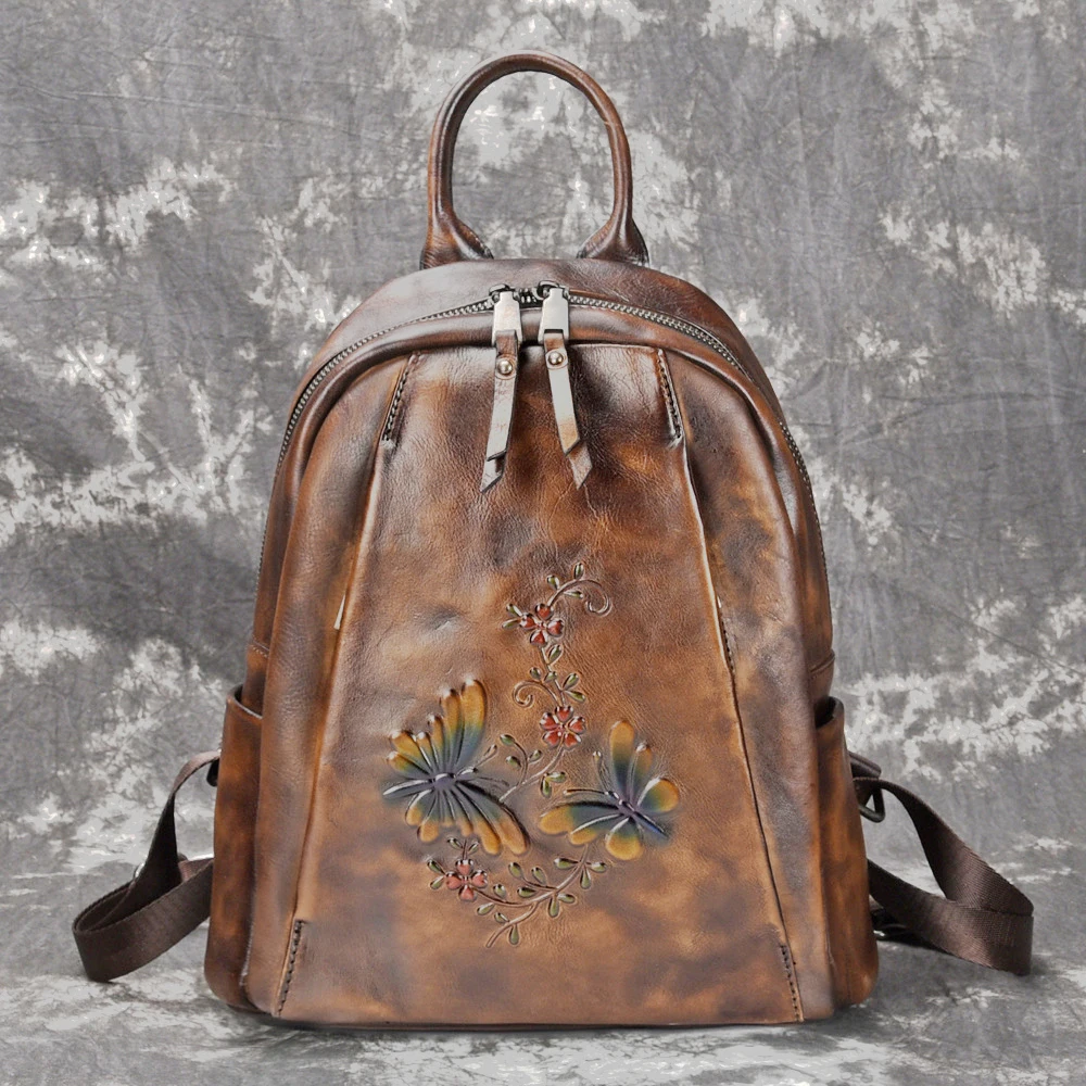 Женский рюкзак из натуральной кожи, кожаный рюкзак для путешествий с тиснением, ретро рюкзак для девочек, рюкзак из натуральной кожи