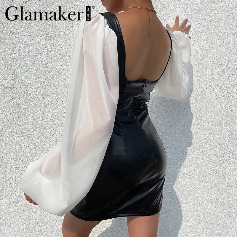Glamaker кожаное элегантное облегающее платье с квадратным вырезом, женское мини-платье в стиле пэчворк с длинным рукавом-фонариком, женское осенне-зимнее сексуальное платье