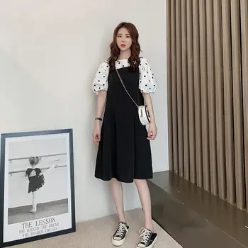 

Preppy Style Yellow Chiffon Overalls Skirt Students Loose Polka-Dot Tops Lantern Sleeve Summer Casual Slim Two-Piece Suit Girls