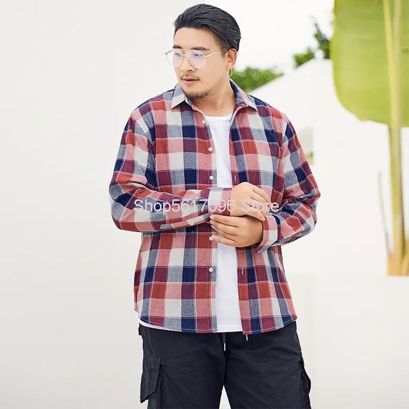 

Grid Shirt Coat Male Long Sleeve Autumn Leisure Loose Top Big Size Youth Plus Fat Man Shirt