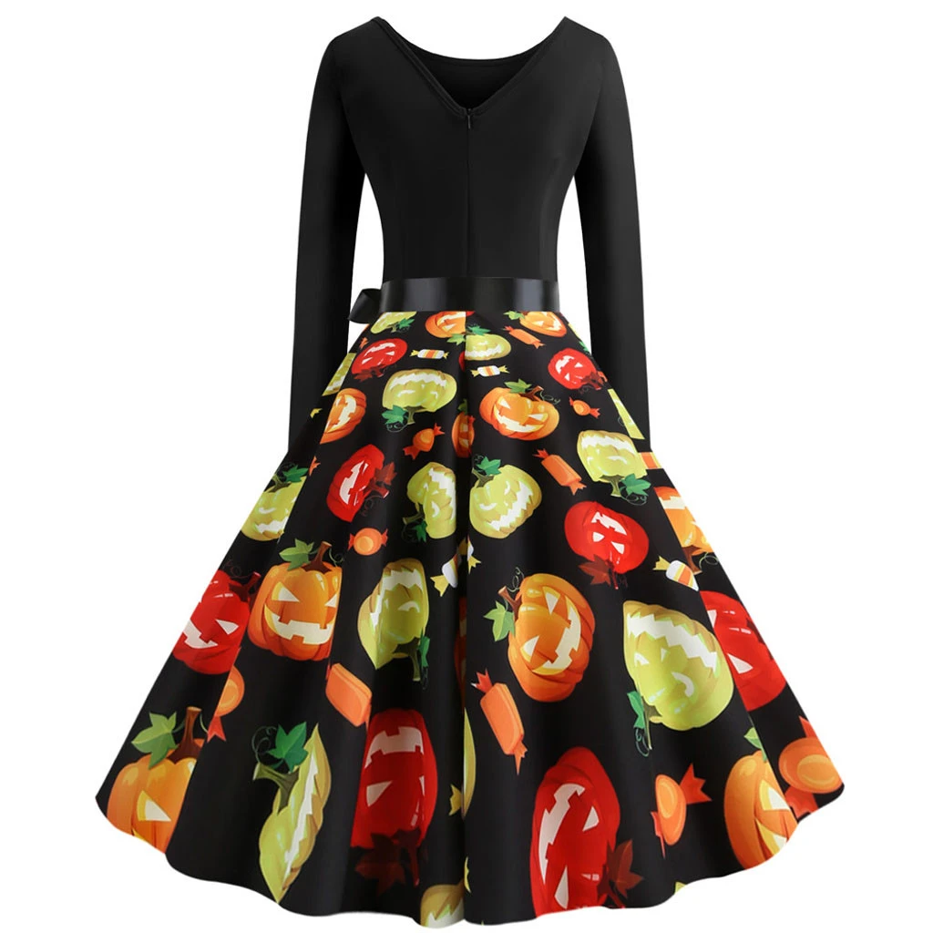 New Evening Party Dress Autumn Vintage Long Sleeve A Line Dresses O Neck 50s Housewife Halloween Pleated Dress Winter Ladies 805