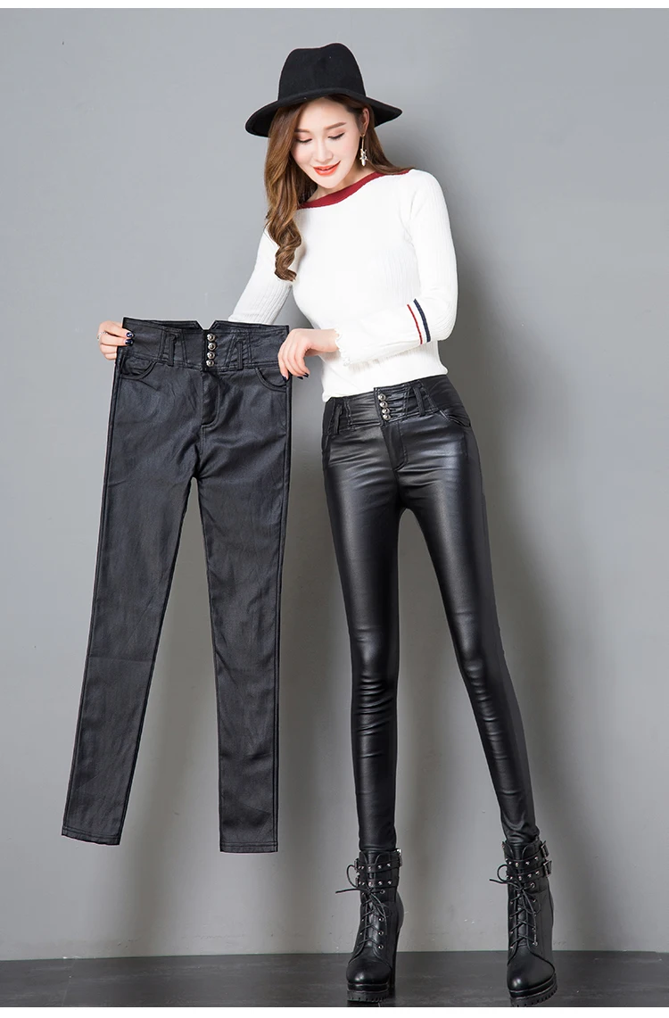 Женские кожаные брюки с высокой талией, новинка, вельветовые уплотненные женские брюки, облегающие модные брюки из искусственной кожи, теплые облегающие зауженные брюки