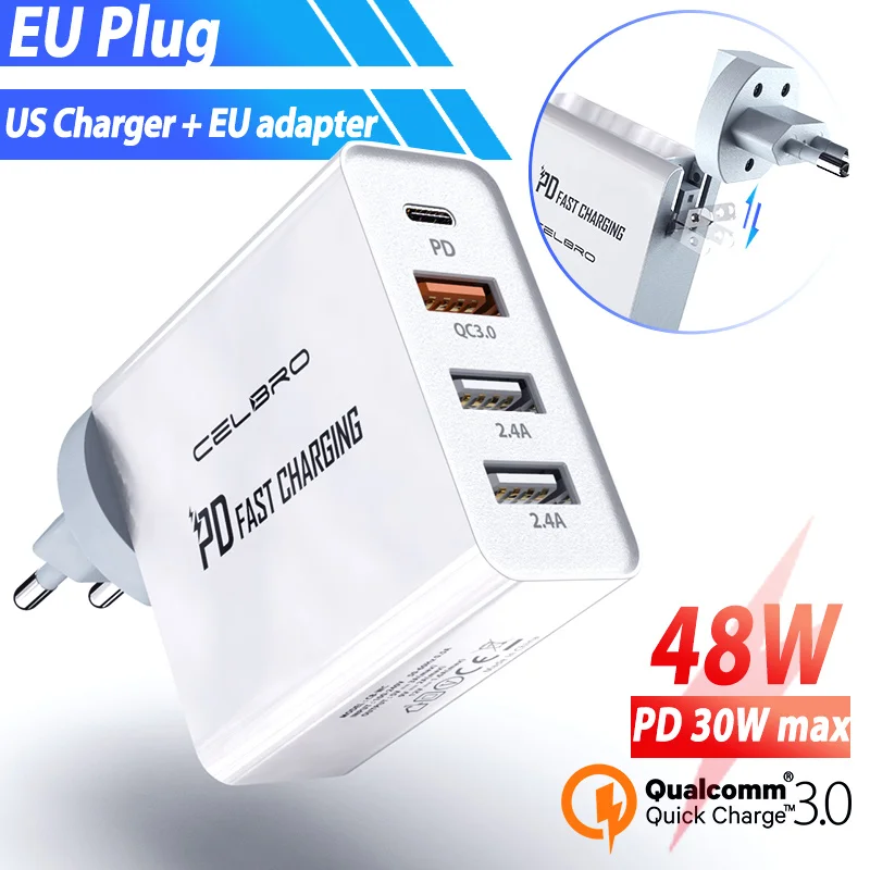 eu plug charger 4 порта Смарт USB PD зарядка 48 Вт быстрое зарядное устройство 3,0 для IPhone 11 Pro Max samsung USB адаптер Тип C PD быстрая настенная зарядка кабель - Тип штекера: eu plug charger