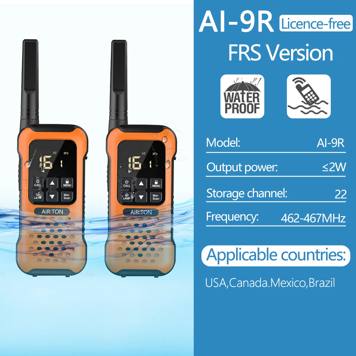 2Pcs Airiton AI-9R IP67 Floating Walkie Talkie Waterproof 30KM Long Range Powerful PMR/FRS Two way Radio Upgrade of UV-9r Plus long range walkie talkies 200 miles Walkie Talkie