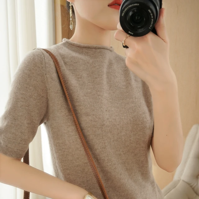 New women's cashmere sweater short sleeve Pullover short sleeve summer wool T-shirt short sleeve Camel color