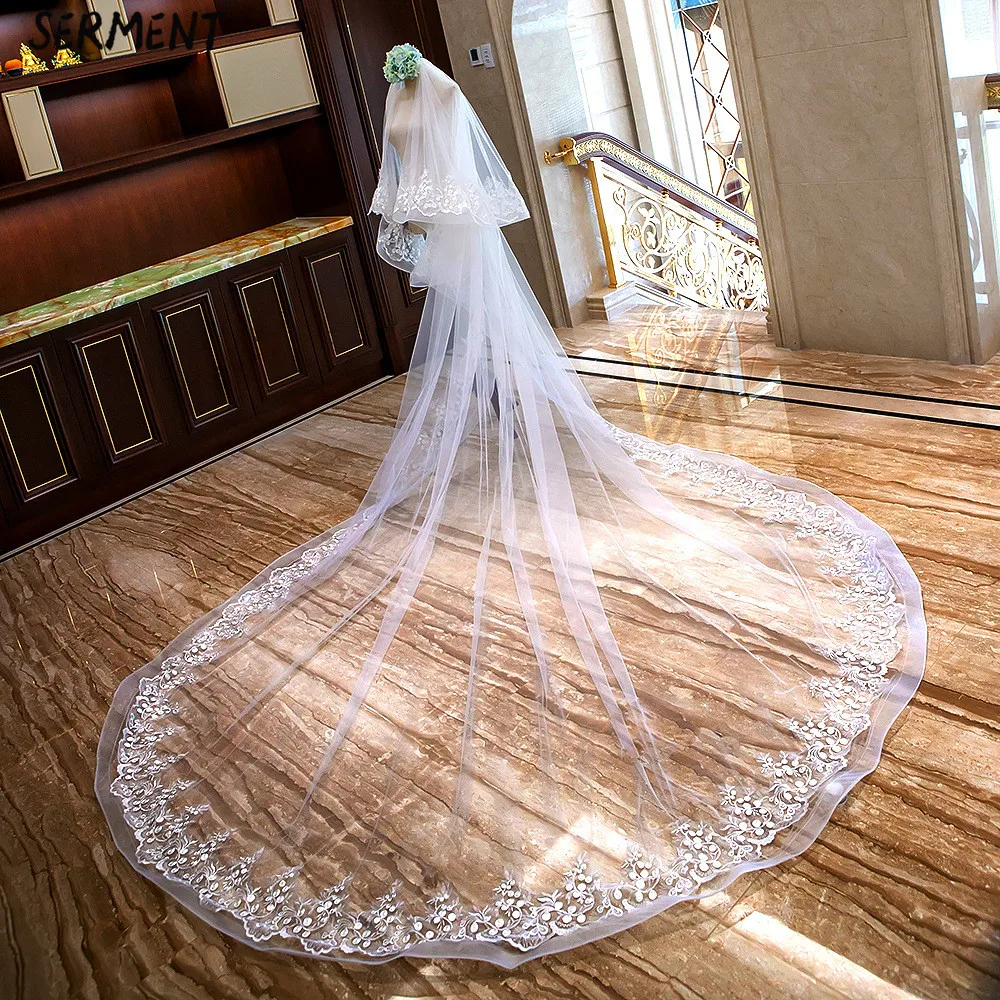 SERMEN Beaded New Veil 3 Meters Wide 4 Meters Long Two Layers Elastic Side Circle Lace Wedding Accessories