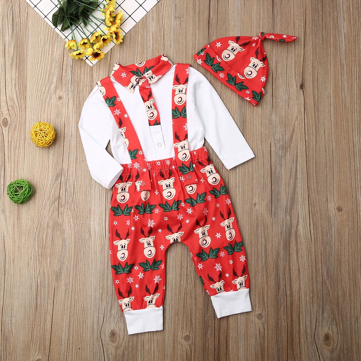 Одежда для новорожденных мальчиков и девочек, комбинезон с длинными рукавами, топы, штаны, Рождественский комплект из 3 предметов