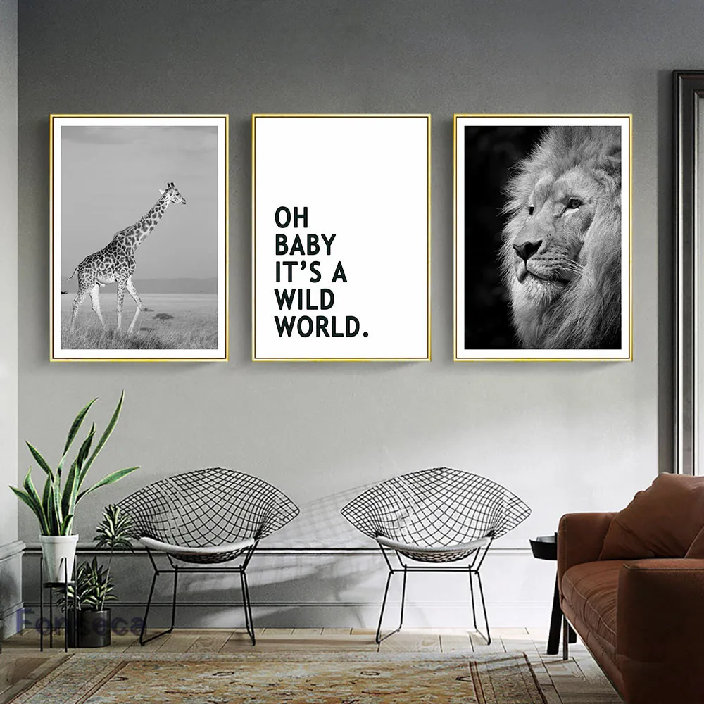 Black and White Wall Art Canvas Painting Animal Posters Prints Lion Giraffe Unframed Pictures for Living Room Bedroom | Дом и сад