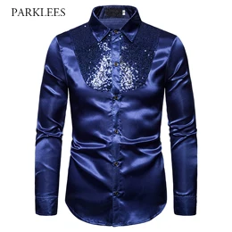 royal blue Серебристая блестящая рубашка с пайетками для мужчин, новинка, шелковая атласная Мужская одежда, рубашки Chemise Homme для ночного клуба, сценические рубашки, Camisas Custume - Цвет: royal blue