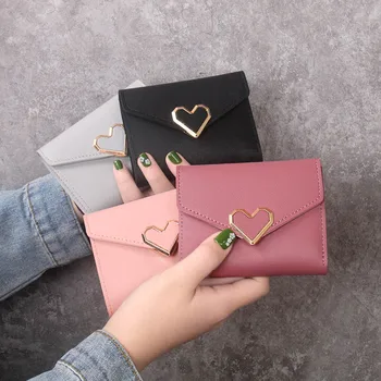 

Ladies Wallet Metal Heart-Shaped Short Card Vintage Korean Hipster PU Case