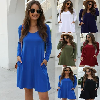 

clothing OWLPRINCESS 2020 Autumn and Winter New Solid Color V-neck Pocket Long Sleeve Dress Casual Mid Skirt