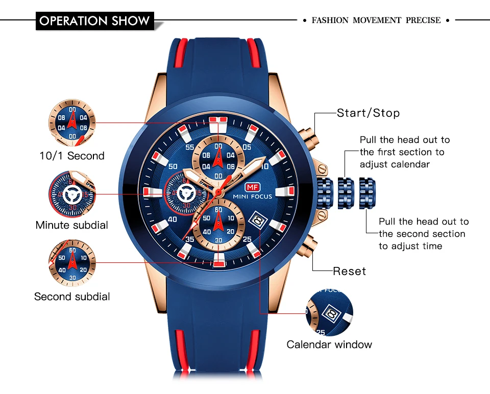 Мини фокус модные наручные часы Мужские Водонепроницаемые многофункциональные спортивные часы мужские наручные кварцевые люксовый бренд синий силиконовый ремешок